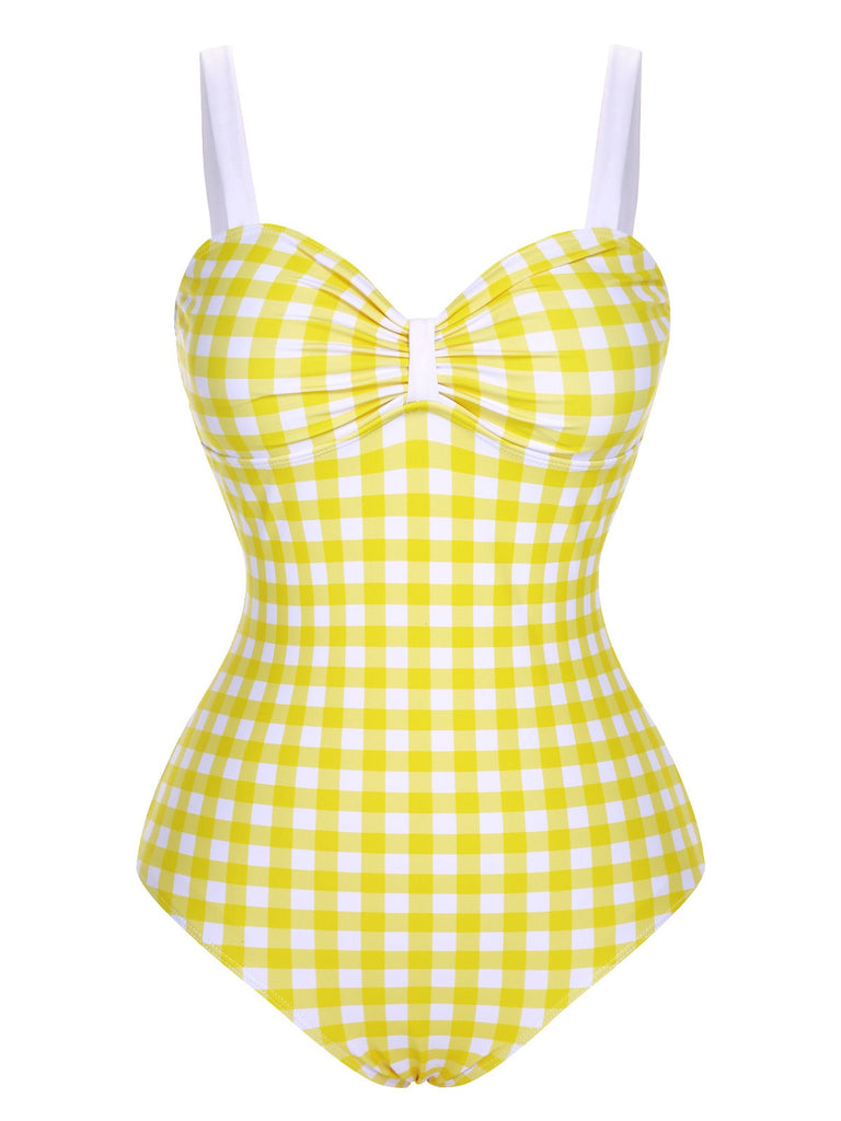 Yellow 1950s Plaid Strap Pleated Swimsuit