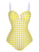 Yellow 1950s Plaid Strap Pleated Swimsuit