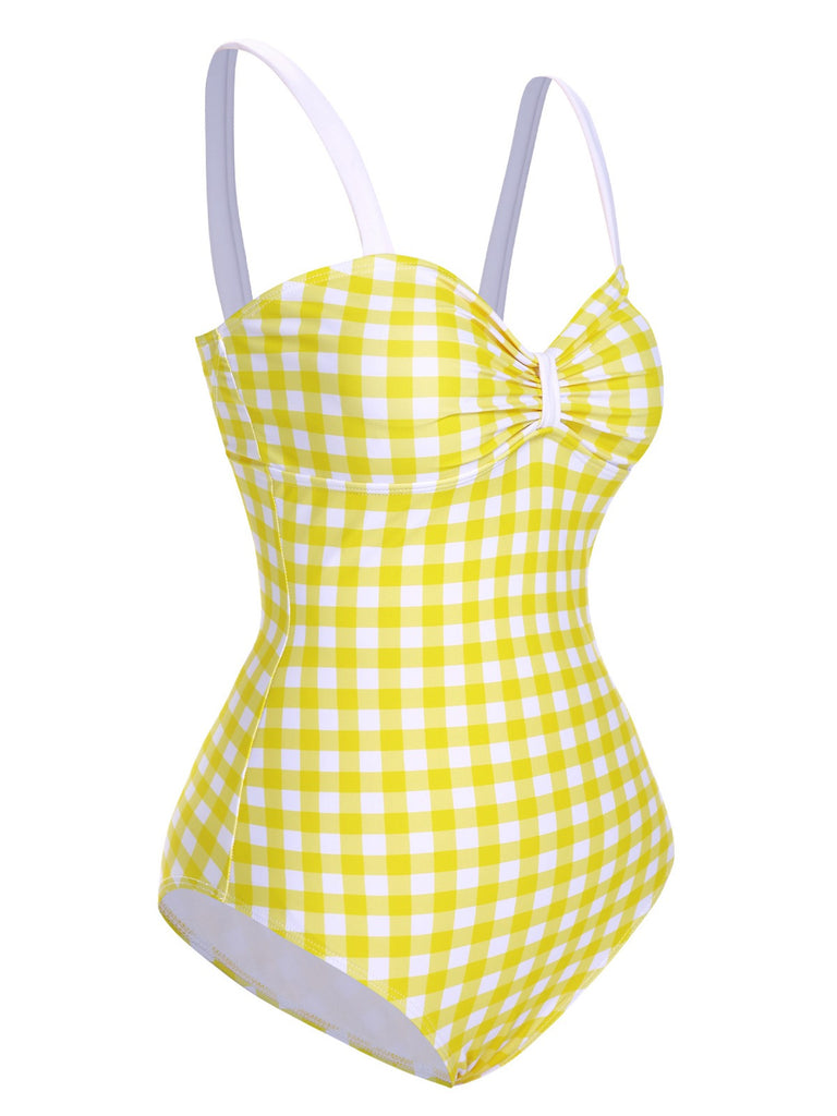 Yellow 1950s Plaid Strap Pleated Swimsuit