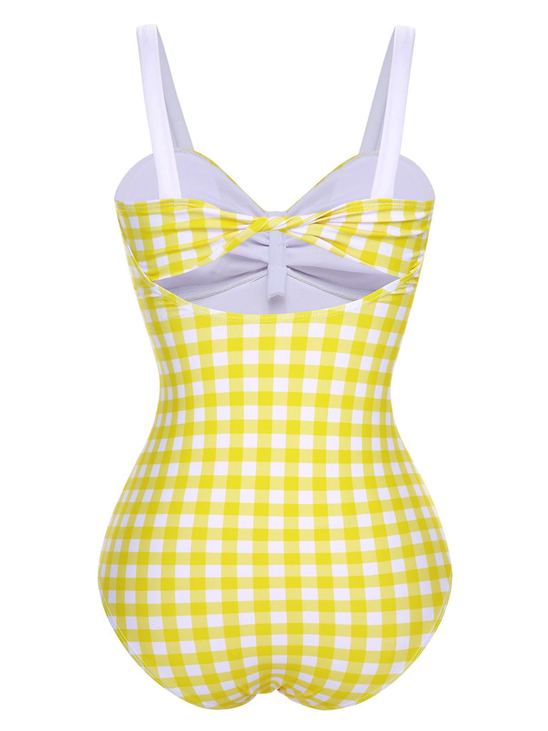 Yellow 1950s Plaid Strap Pleated Swimsuit