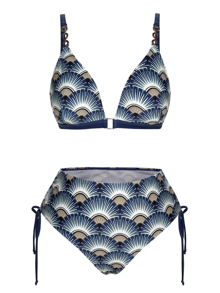 [Pre-Sale] Blue 1930s Ancient Fan Lace-Up Bikini Set