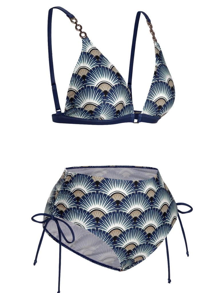 Blue 1930s Ancient Fan Lace-Up Bikini Set