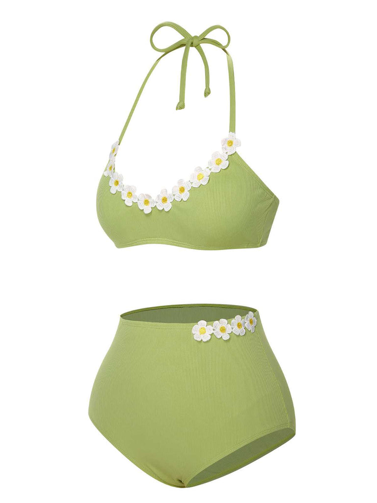 [Pre-Sale] Light Green 1960s Halter Knit Daisy Swimsuit