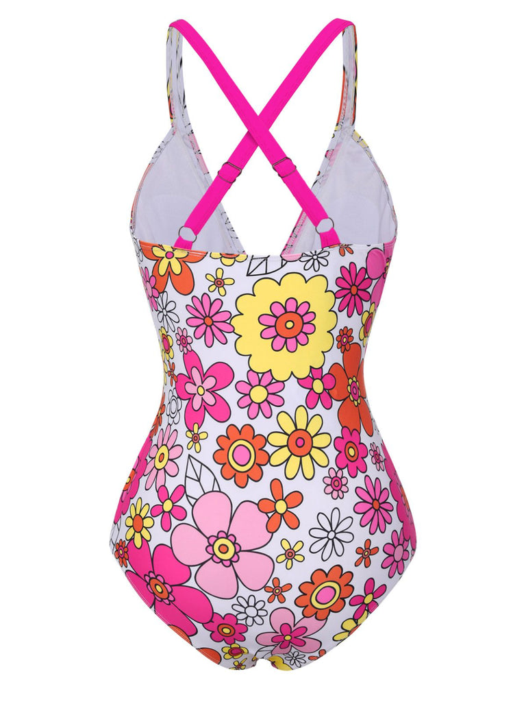 1960s Flowers Back-Cross Strap Belt Swimsuit