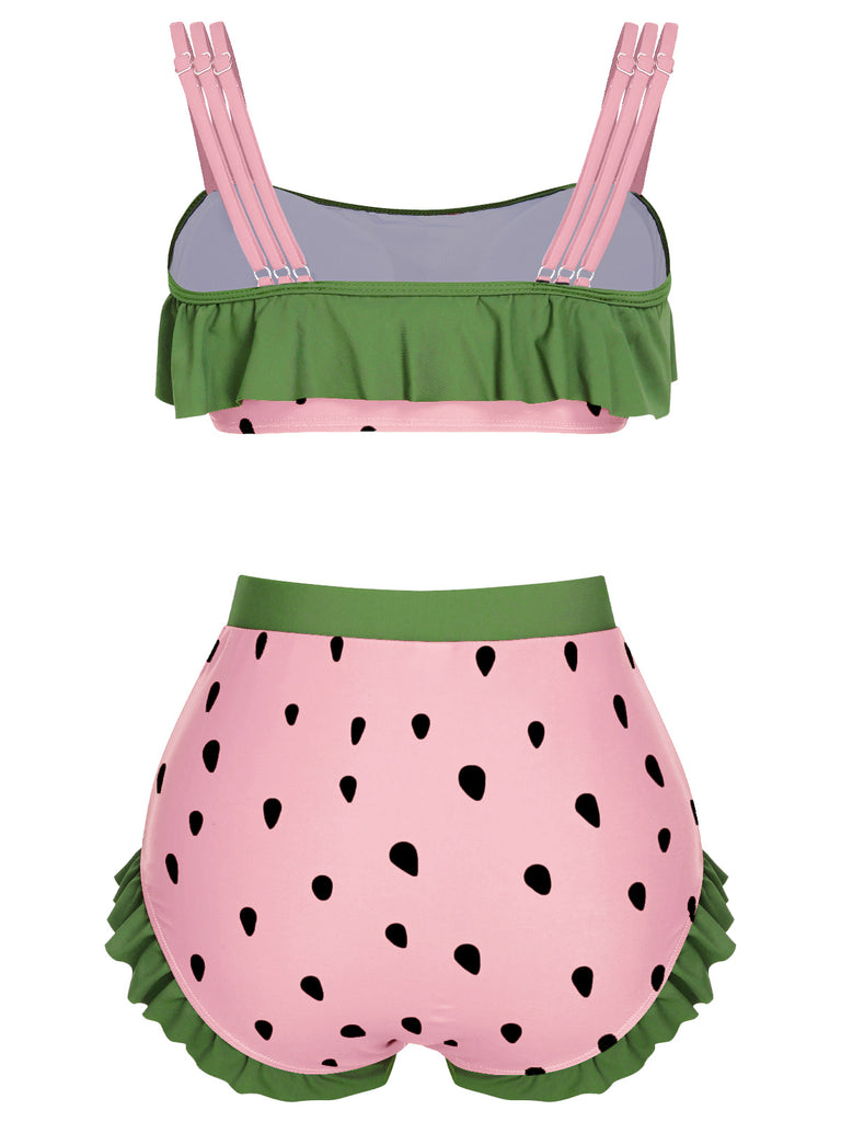 Pink 1950s Strawberry Ruffle Strap Swimsuit