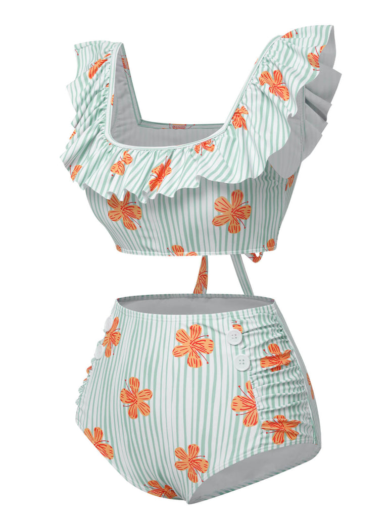 Light Green 1950s Floral Stripe Ruffle Swimsuit