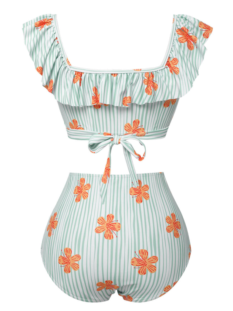 Light Green 1950s Floral Stripe Ruffle Swimsuit