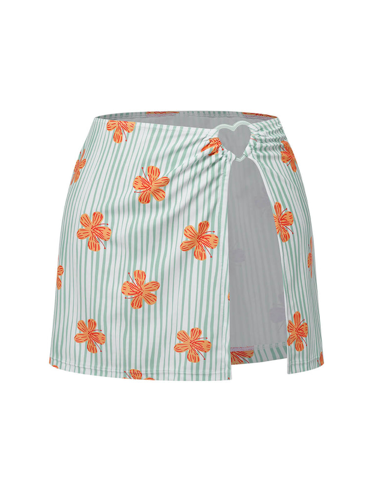 Light Green 1950s Floral Stripe Swimsuit & Skirt Cover-Up