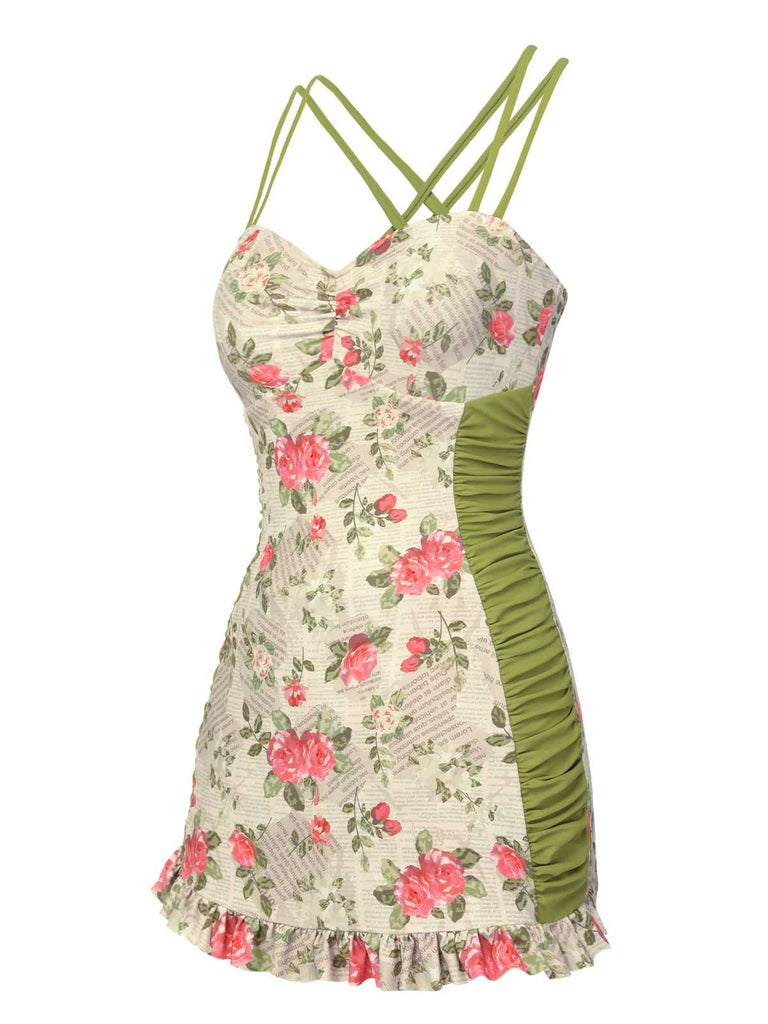 [Pre-Sale] 1940s Double Strap Pleated Roses One-Piece Swimsuit