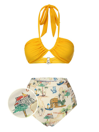[US Warehouse] Yellow 1970s Retro Architectural Pattern Halter Swimsuit