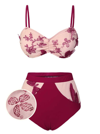 [US Warehouse] Wine Red 1950s Spaghetti Strap Butterflies Swimsuit