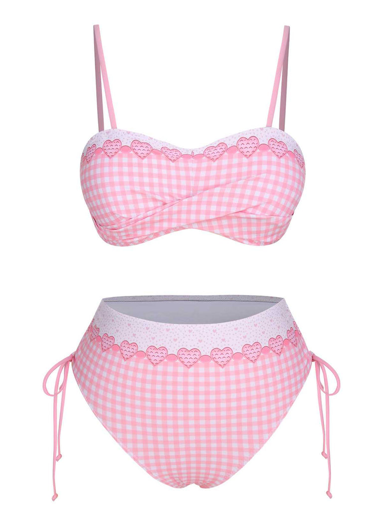 [Pre-Sale] Pink 1950s Spaghetti Strap Heart Plaids Swimsuit