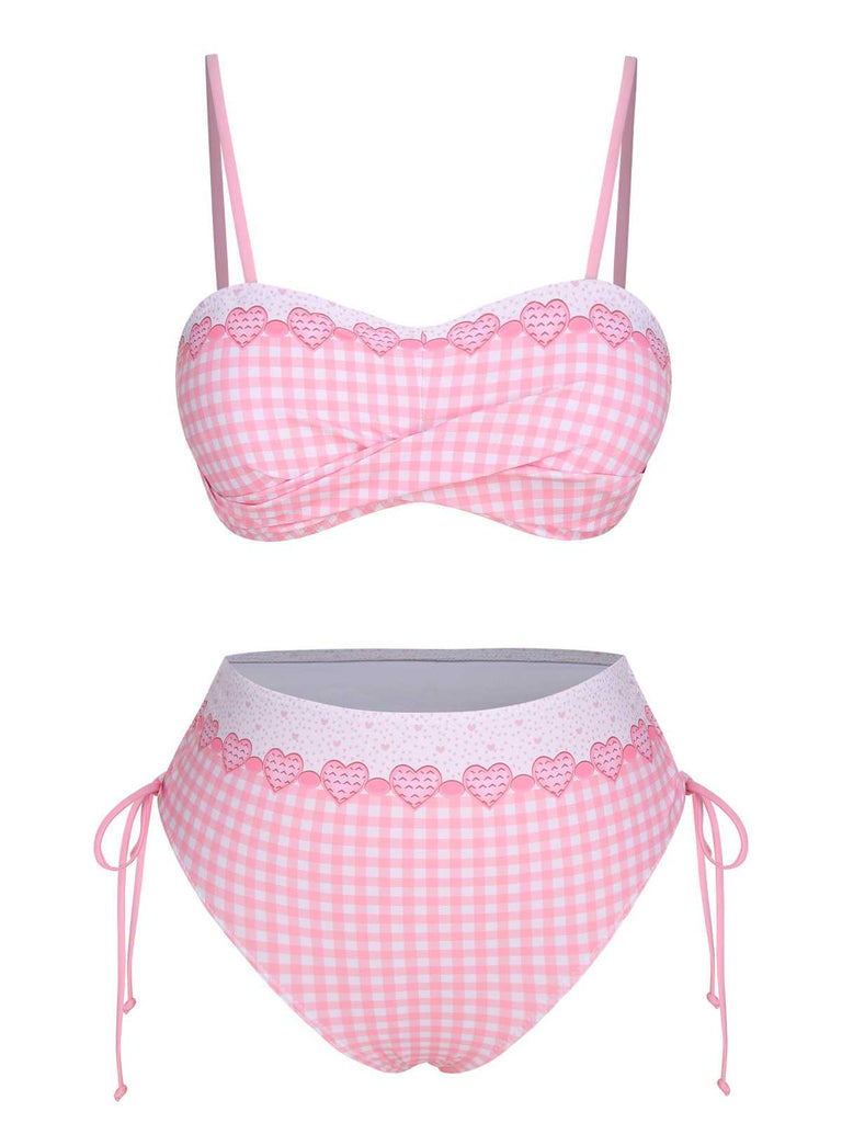 Pink 1950s Spaghetti Strap Heart Plaids Swimsuit