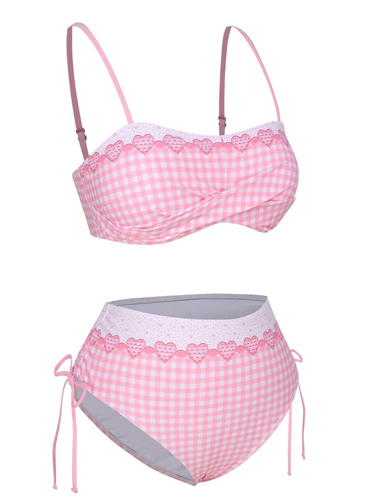 Pink 1950s Spaghetti Strap Heart Plaids Swimsuit