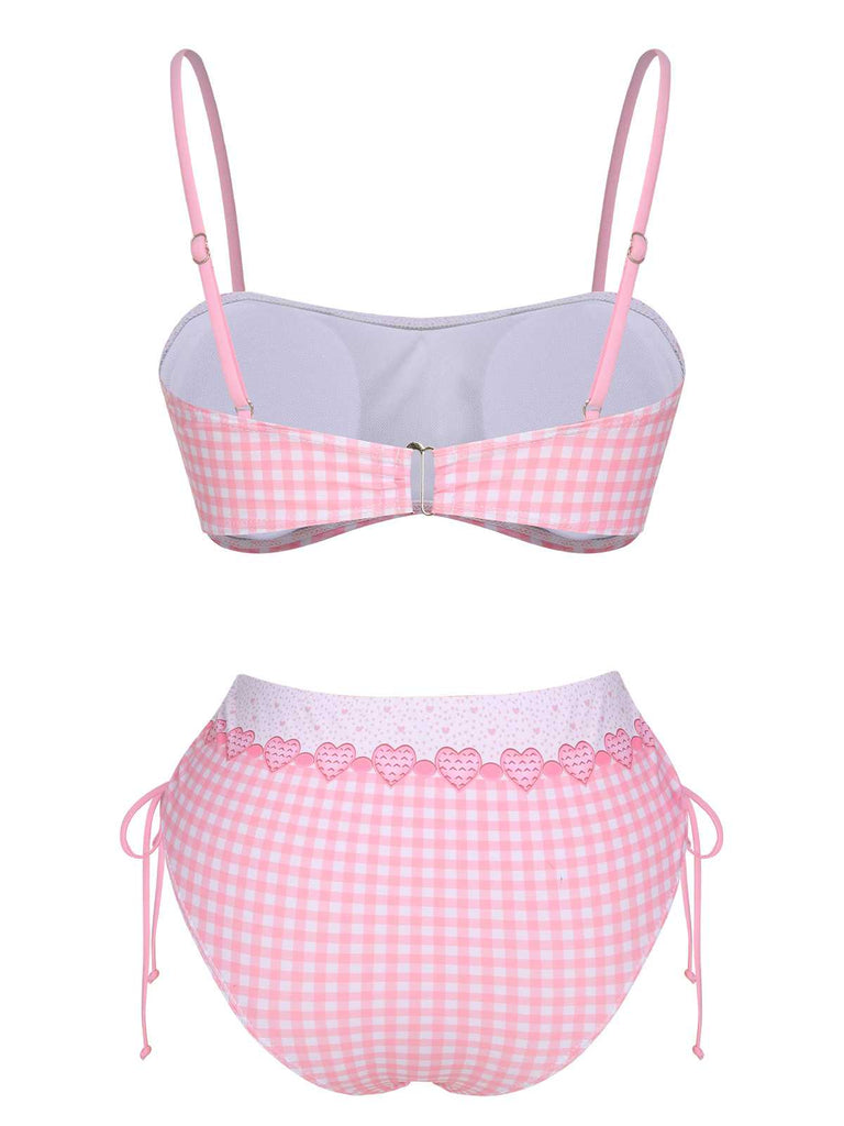 [Pre-Sale] Pink 1950s Spaghetti Strap Heart Plaids Swimsuit