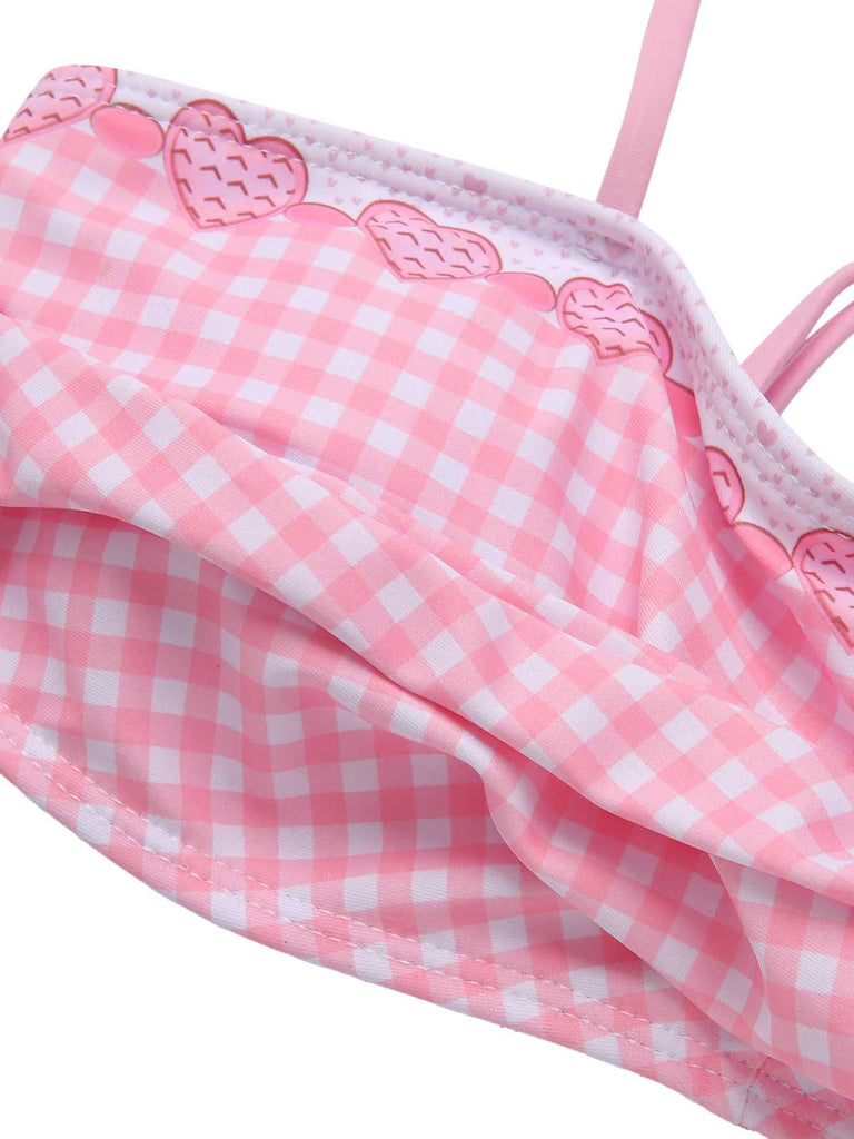 Pink 1950s Spaghetti Strap Heart Plaids Swimsuit