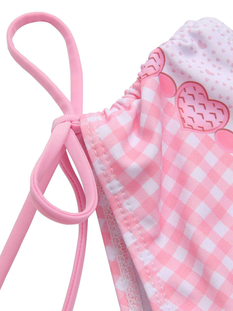 [Pre-Sale] Pink 1950s Spaghetti Strap Heart Plaids Swimsuit