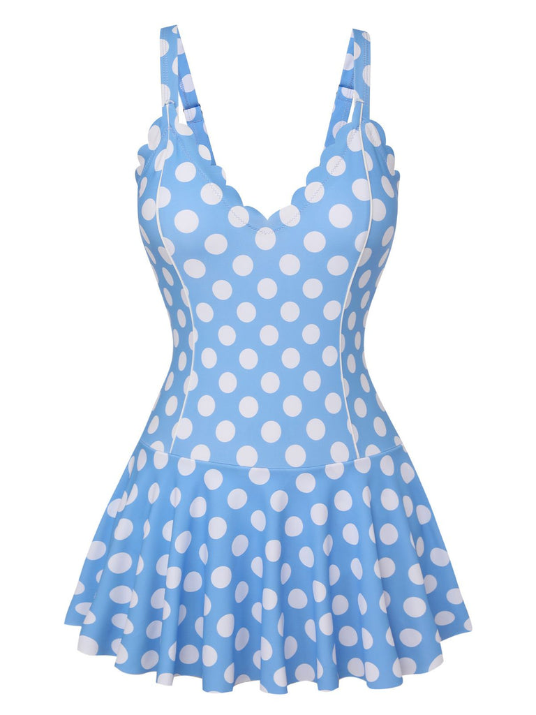 Blue 1960s Polka Dot Petal Neck Swimsuit