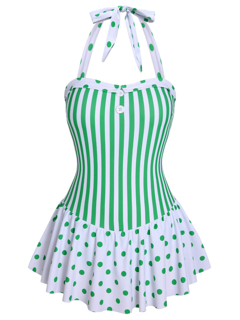 [Pre-Sale] Green 1940s Polka Dots Stripes Halter Swimsuit