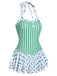 Green 1940s Polka Dots Stripes Halter Swimsuit