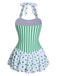 Green 1940s Polka Dots Stripes Halter Swimsuit