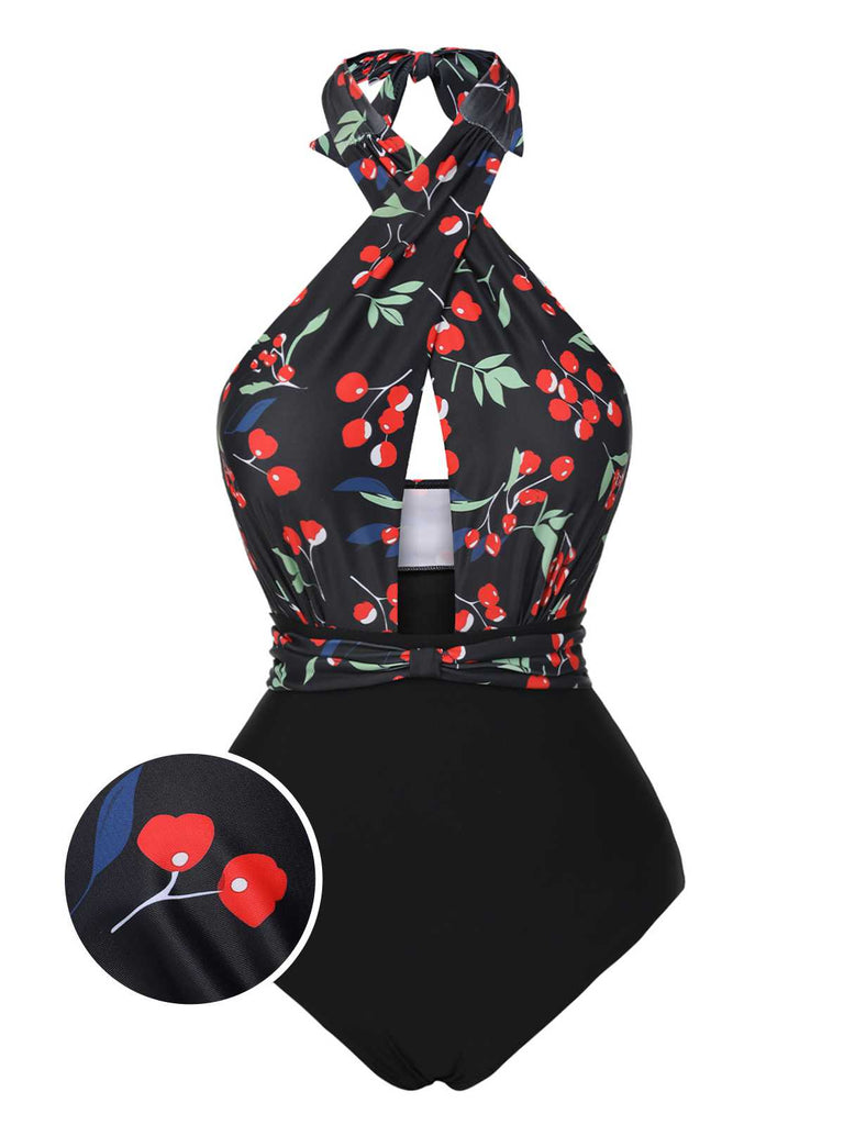 [Pre-Sale] Black 1950s Cross Halter Cherry Swimsuit