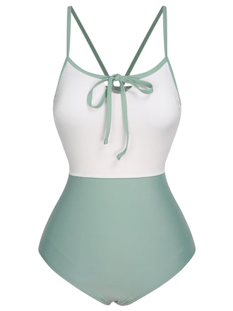 1950s Color Contrast BowKnot Strap Swimsuit
