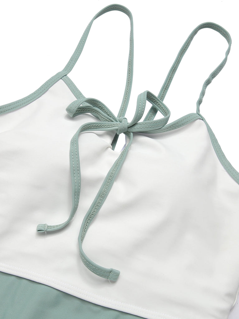 1950s Color Contrast BowKnot Strap Swimsuit