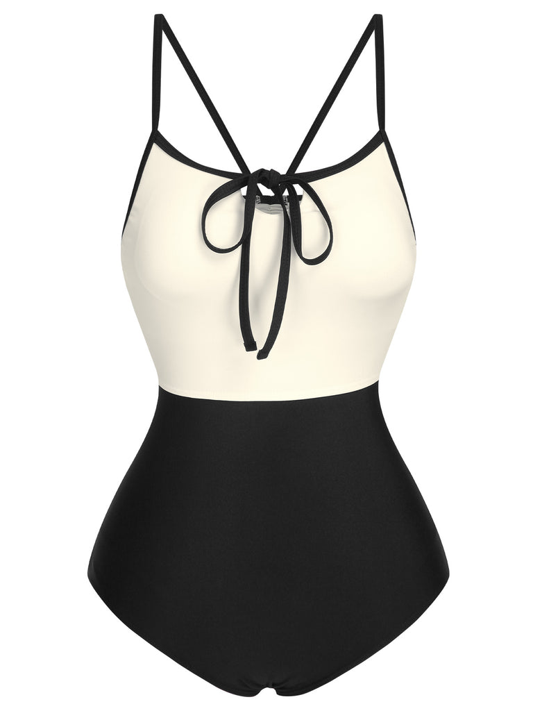 1950s Color Contrast BowKnot Strap Swimsuit