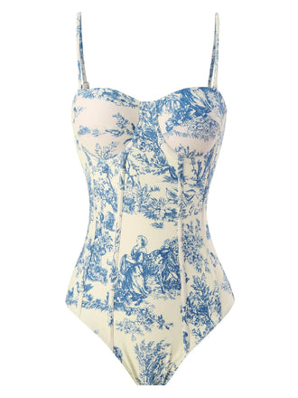 1960s Ink Floral Spaghetti Strap One-Piece Swimsuit