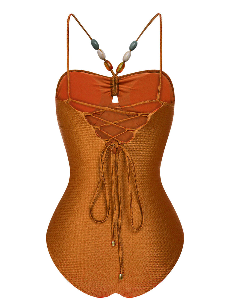 1960s Solid Textured Bandeau Halter Swimsuit