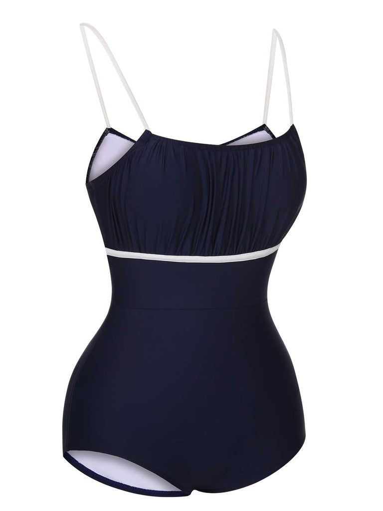 Dark Blue 1930s Spaghetti Strap Pleated Swimsuit