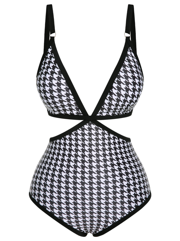 Black 1950s Houndstooth Waist Cutout Swimsuit
