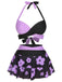 1950s Color Block Floral Halter Swimsuit