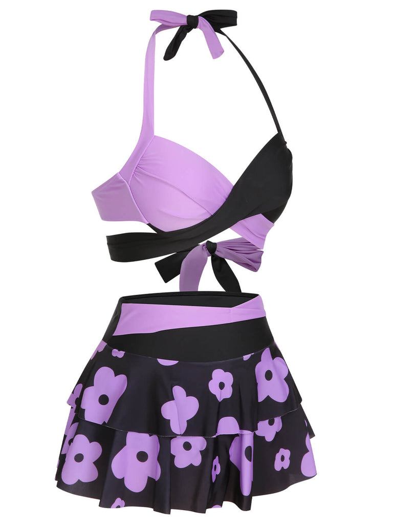 1950s Color Block Floral Halter Swimsuit
