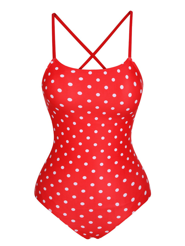 Red 1950s Polka Dot Back Strap One-Piece Swimsuit