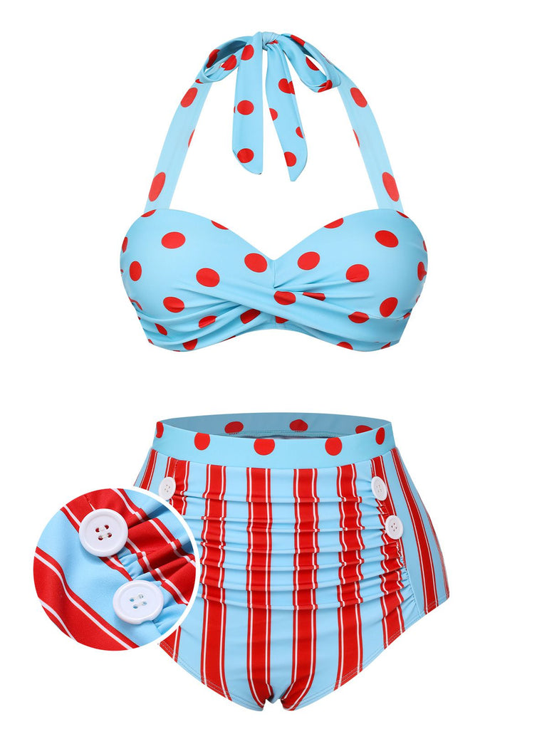 [Pre-Sale] Blue 1940s Polka Dot Stripe Halter Swimsuit