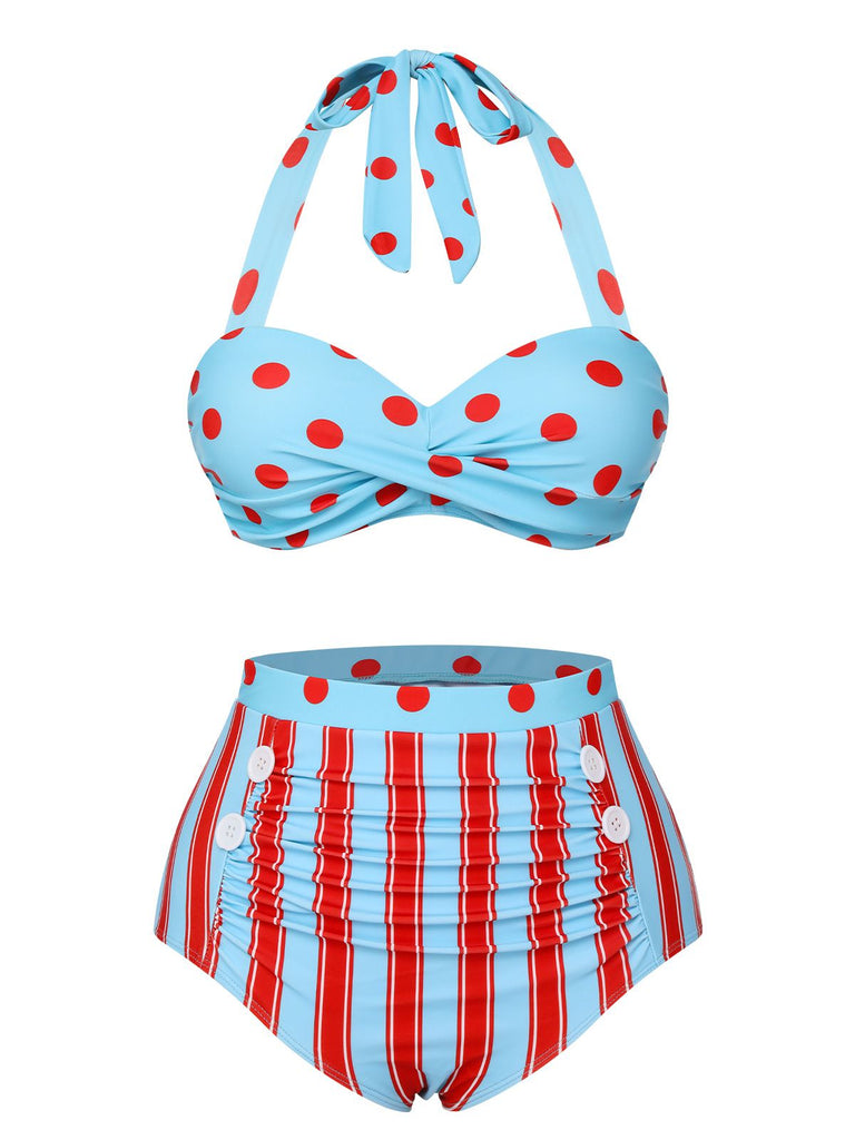 Blue 1940s Polka Dot Stripe Halter Swimsuit