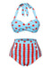 Blue 1940s Polka Dot Stripe Halter Swimsuit