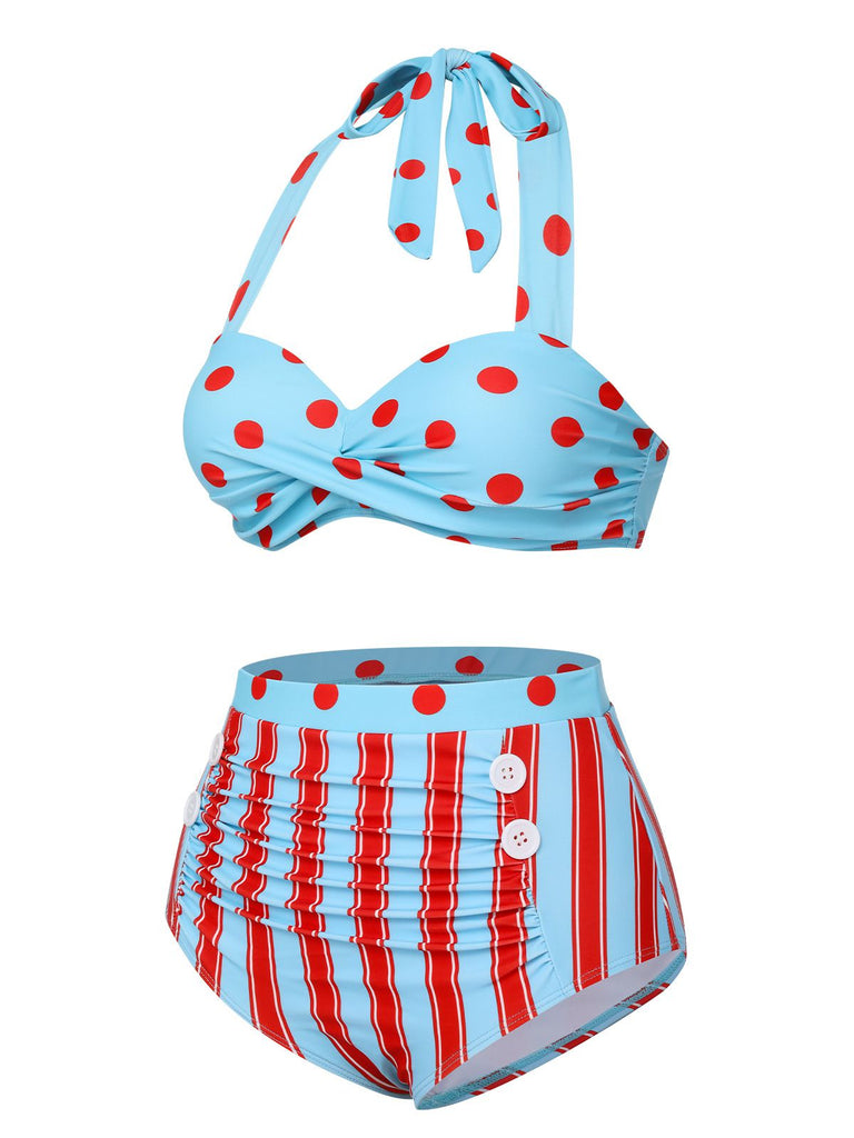 [Pre-Sale] Blue 1940s Polka Dot Stripe Halter Swimsuit