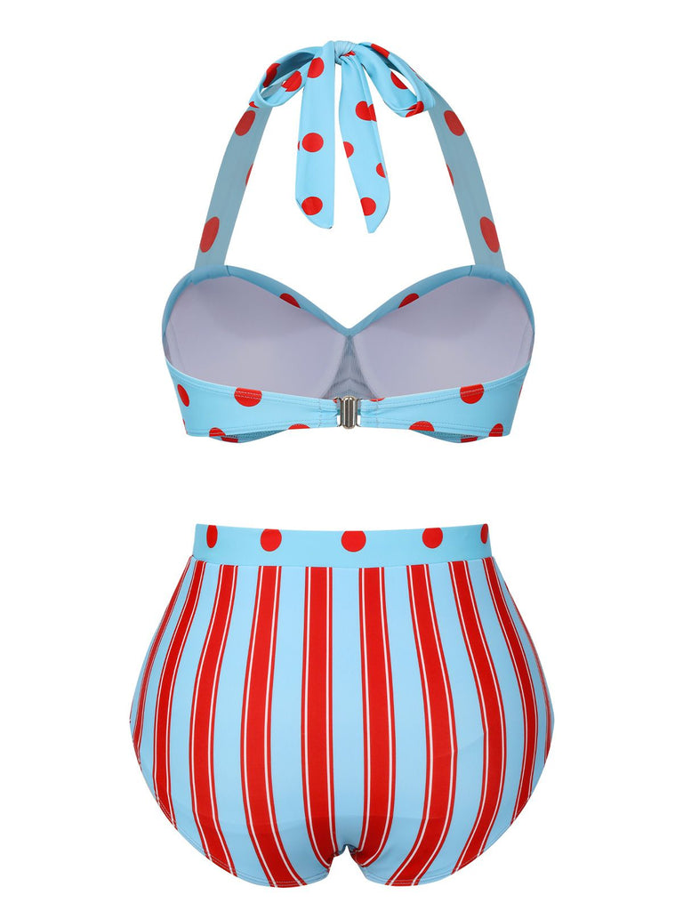 Blue 1940s Polka Dot Stripe Halter Swimsuit