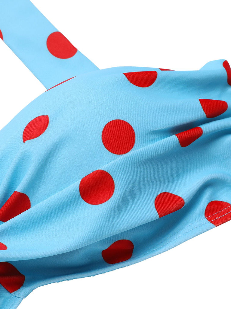 [Pre-Sale] Blue 1940s Polka Dot Stripe Halter Swimsuit