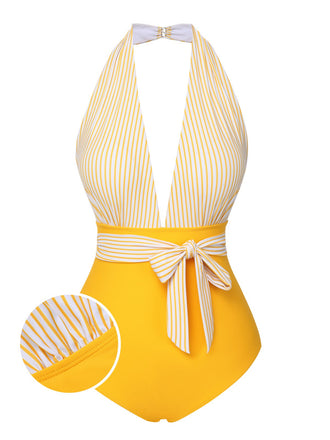 [US Warehouse] Yellow 1950s Halter Striped Patchwork Swimsuit