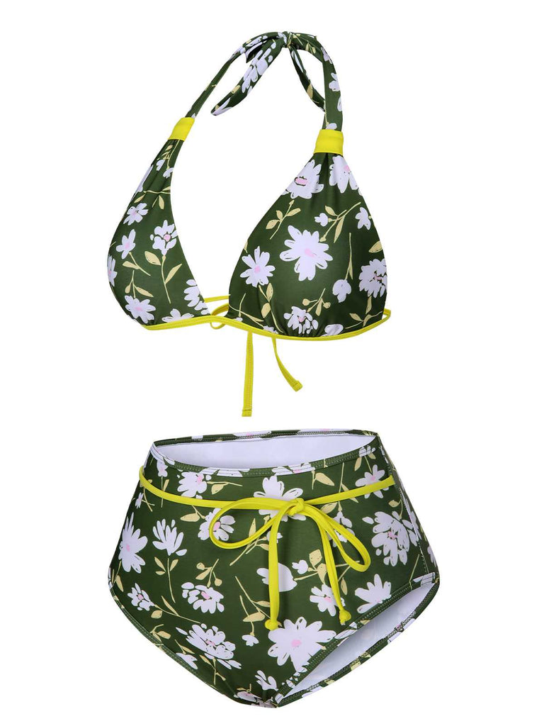 Dark Green 1940s Halter Bow Floral Swimsuit