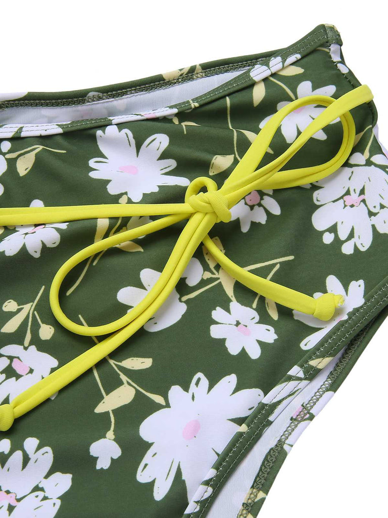 Dark Green 1940s Halter Bow Floral Swimsuit