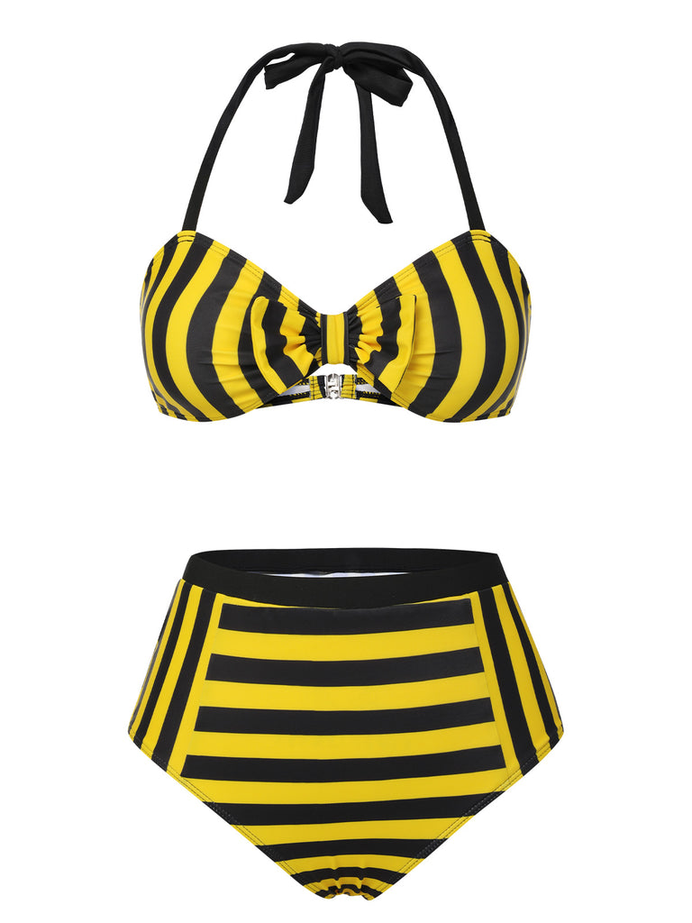 Yellow & Black 1970s Striped Bow Halter Swimsuit