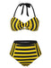 Yellow & Black 1970s Striped Bow Halter Swimsuit