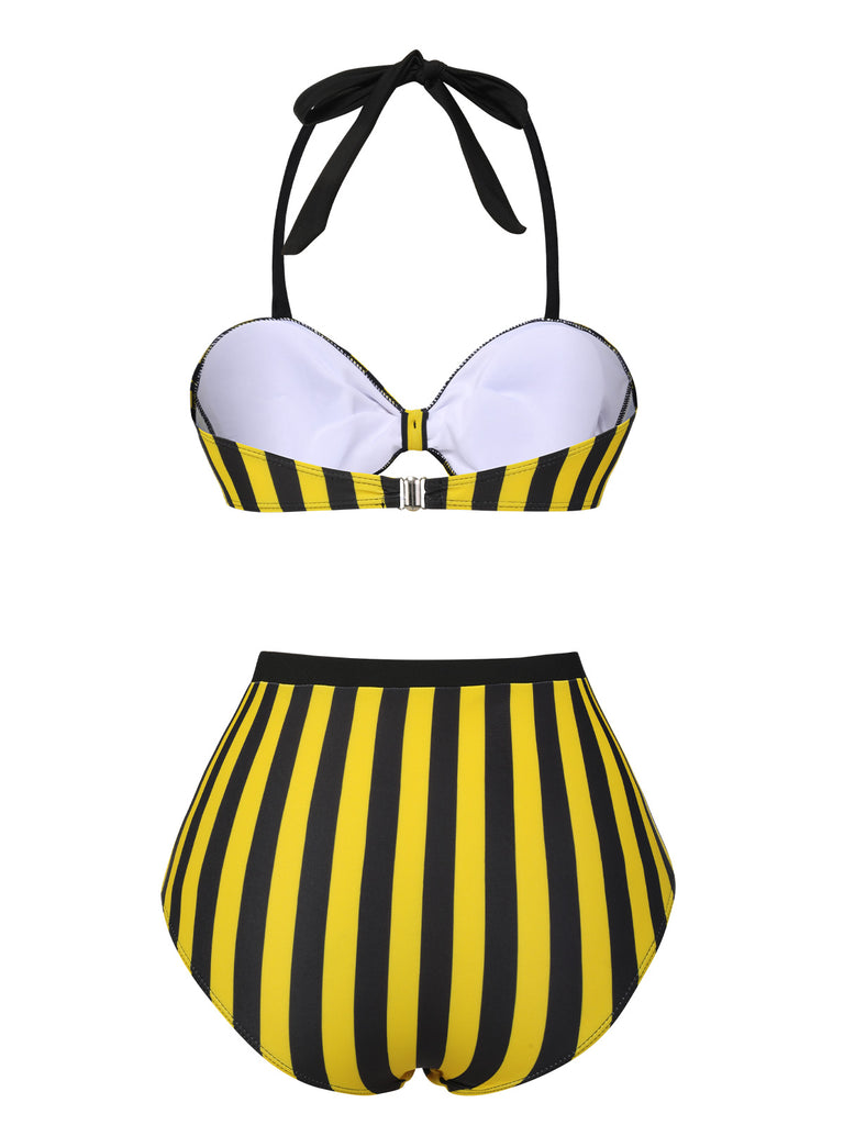 Yellow & Black 1970s Striped Bow Halter Swimsuit