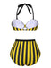 Yellow & Black 1970s Striped Bow Halter Swimsuit