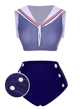 [US Warehouse] Dark Blue 1940s Dots Sailor Collar Swimsuit